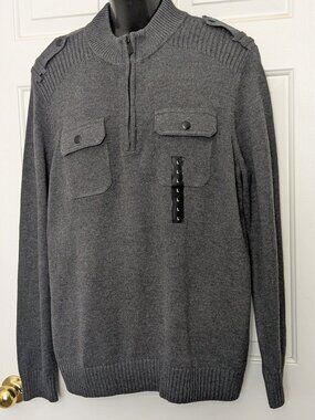 Apt. 9 Quarter‎ Zip High Neck Sweater Flap Pockets Men's Size L Knit Gray Preppy